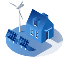 Zonnepanelen op huis met windmolens in tuin